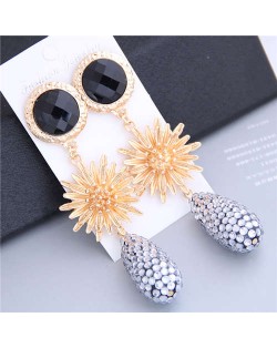 Sunflower Design Elegant Rhinstone Waterdrop Tassel Shoulder-duster Earrings - Black