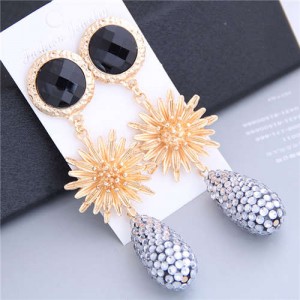 Sunflower Design Elegant Rhinstone Waterdrop Tassel Shoulder-duster Earrings - Black