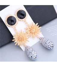 Sunflower Design Elegant Rhinstone Waterdrop Tassel Shoulder-duster Earrings - Black