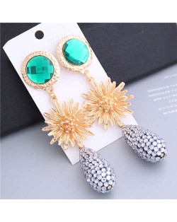 Sunflower Design Elegant Rhinstone Waterdrop Tassel Shoulder-duster Earrings - Green