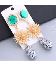 Sunflower Design Elegant Rhinstone Waterdrop Tassel Shoulder-duster Earrings - Green