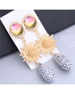 Sunflower Design Elegant Rhinstone Waterdrop Tassel Shoulder-duster Earrings - Gradient Color
