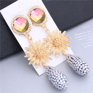 Sunflower Design Elegant Rhinstone Waterdrop Tassel Shoulder-duster Earrings - Gradient Color