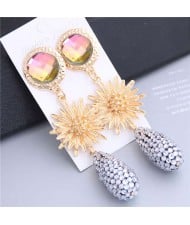 Sunflower Design Elegant Rhinstone Waterdrop Tassel Shoulder-duster Earrings - Gradient Color