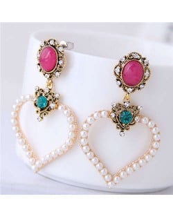 Pearl and Rhinstone Embellished Peach Heart Sweet Fashion Women Shoulder-duster Costume Earrings