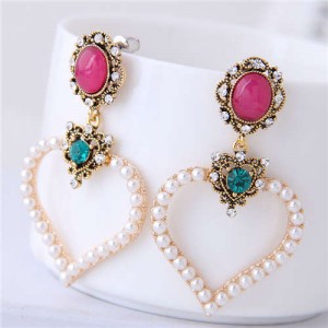 Pearl and Rhinstone Embellished Peach Heart Sweet Fashion Women Shoulder-duster Costume Earrings