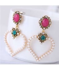 Pearl and Rhinstone Embellished Peach Heart Sweet Fashion Women Shoulder-duster Costume Earrings