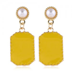 Pearl Fashion Enamel Dangling Oblong Tassel Shoulder-duster Earrings - Yellow