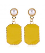 Pearl Fashion Enamel Dangling Oblong Tassel Shoulder-duster Earrings - Yellow