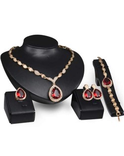 Ruby Embellished 4pcs Bridal Fashion Golden Women Jewelry Set