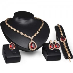 Ruby Embellished 4pcs Bridal Fashion Golden Women Jewelry Set