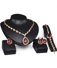 Ruby Embellished 4pcs Bridal Fashion Golden Women Jewelry Set