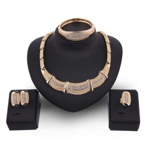 Rhinestone Embellished Wedding Fashion Bib Necklace 4pcs Alloy Golden Jewelry Set