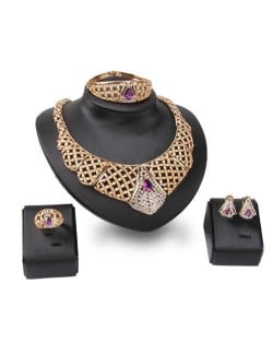 Purple Rhinestone Inlaid Hollow High Fashion Bib Neckalce Design 4pcs Alloy Women Golden Jewelry Set