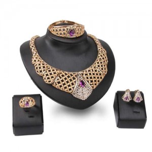 Purple Rhinestone Inlaid Hollow High Fashion Bib Neckalce Design 4pcs Alloy Women Golden Jewelry Set