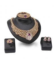 Purple Rhinestone Inlaid Hollow High Fashion Bib Neckalce Design 4pcs Alloy Women Golden Jewelry Set