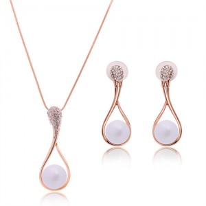 Pearl Inlaid Graceful High Fashion Design 2pc Golden Alloy Women Jewelry Set