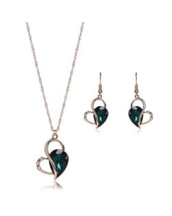 Rhinestone Inlaid Artistic Style Heart Design High Fashion 2pc Golden Alloy Women Jewelry Set - Green