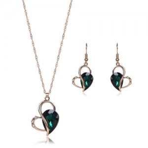 Rhinestone Inlaid Artistic Style Heart Design High Fashion 2pc Golden Alloy Women Jewelry Set - Green