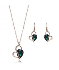 Rhinestone Inlaid Artistic Style Heart Design High Fashion 2pc Golden Alloy Women Jewelry Set - Green