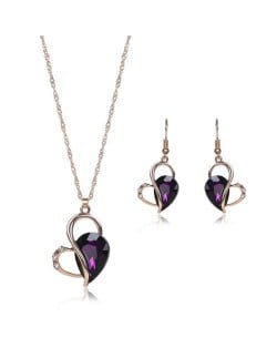 Rhinestone Inlaid Artistic Style Heart Design High Fashion 2pc Golden Alloy Women Jewelry Set - Purple