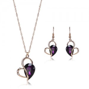 Rhinestone Inlaid Artistic Style Heart Design High Fashion 2pc Golden Alloy Women Jewelry Set - Purple