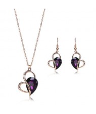 Rhinestone Inlaid Artistic Style Heart Design High Fashion 2pc Golden Alloy Women Jewelry Set - Purple