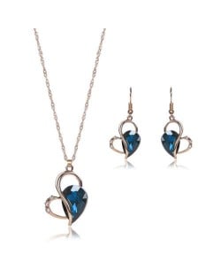 Rhinestone Inlaid Artistic Style Heart Design High Fashion 2pc Golden Alloy Women Jewelry Set - Blue
