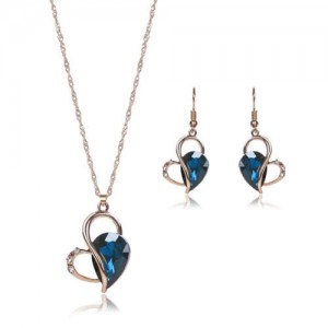Rhinestone Inlaid Artistic Style Heart Design High Fashion 2pc Golden Alloy Women Jewelry Set - Blue