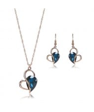 Rhinestone Inlaid Artistic Style Heart Design High Fashion 2pc Golden Alloy Women Jewelry Set - Blue