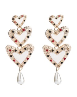 Rhinestone Inlaid Enamel Triple Hearts Design Dangling Women Fashion Earrings - White