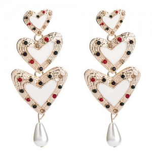 Rhinestone Inlaid Enamel Triple Hearts Design Dangling Women Fashion Earrings - White
