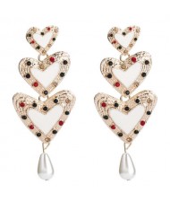 Rhinestone Inlaid Enamel Triple Hearts Design Dangling Women Fashion Earrings - White