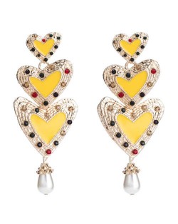 Rhinestone Inlaid Enamel Triple Hearts Design Dangling Women Fashion Earrings - Yellow