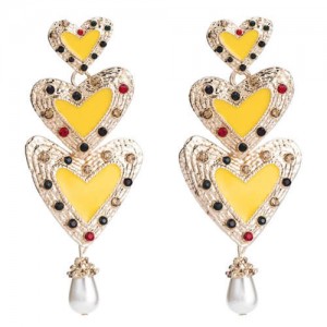 Rhinestone Inlaid Enamel Triple Hearts Design Dangling Women Fashion Earrings - Yellow
