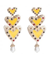 Rhinestone Inlaid Enamel Triple Hearts Design Dangling Women Fashion Earrings - Yellow