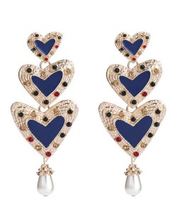 Rhinestone Inlaid Enamel Triple Hearts Design Dangling Women Fashion Earrings - Blue