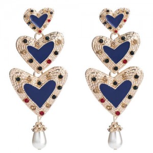 Rhinestone Inlaid Enamel Triple Hearts Design Dangling Women Fashion Earrings - Blue