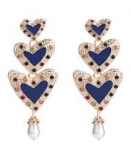 Rhinestone Inlaid Enamel Triple Hearts Design Dangling Women Fashion Earrings - Blue