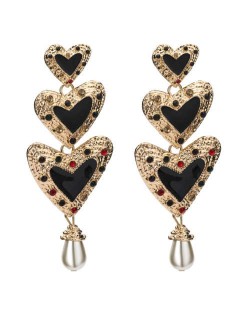 Rhinestone Inlaid Enamel Triple Hearts Design Dangling Women Fashion Earrings - Black