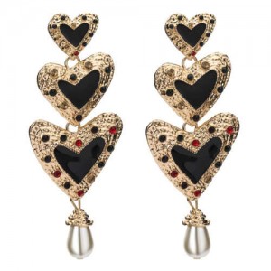 Rhinestone Inlaid Enamel Triple Hearts Design Dangling Women Fashion Earrings - Black