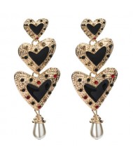 Rhinestone Inlaid Enamel Triple Hearts Design Dangling Women Fashion Earrings - Black