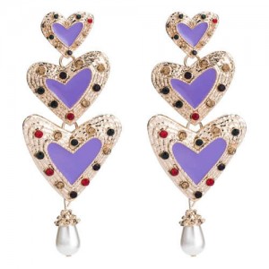 Rhinestone Inlaid Enamel Triple Hearts Design Dangling Women Fashion Earrings - Violet