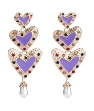 Rhinestone Inlaid Enamel Triple Hearts Design Dangling Women Fashion Earrings - Violet