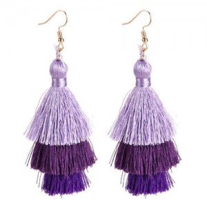 Bohemian Cotton Threads Triple Layers High Fashion Women Costume Earrings - Purple