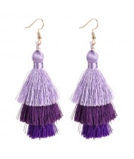 Bohemian Cotton Threads Triple Layers High Fashion Women Costume Earrings - Purple