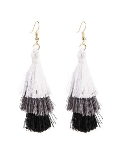 Bohemian Cotton Threads Triple Layers High Fashion Women Costume Earrings - Black and White