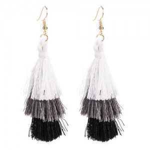 Bohemian Cotton Threads Triple Layers High Fashion Women Costume Earrings - Black and White