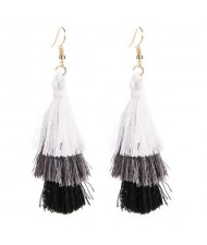Bohemian Cotton Threads Triple Layers High Fashion Women Costume Earrings - Black and White