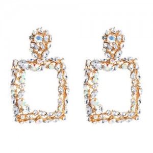 Shining Rhinestone Square High Fashion Bold Style Women Statement Shoulder-duster Earrings - Transparent